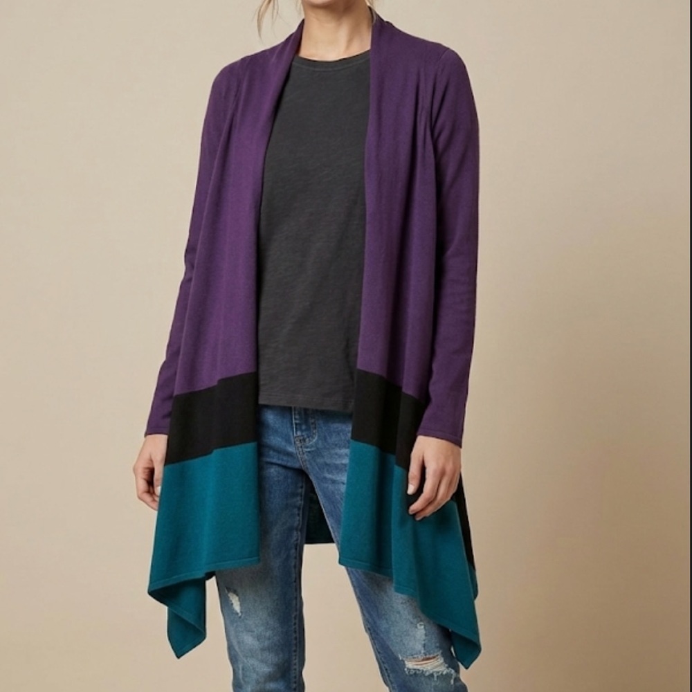 Spiegel Silk Cashmere Blend High-Low Draped Cardigan Size M Purple Teal Black
